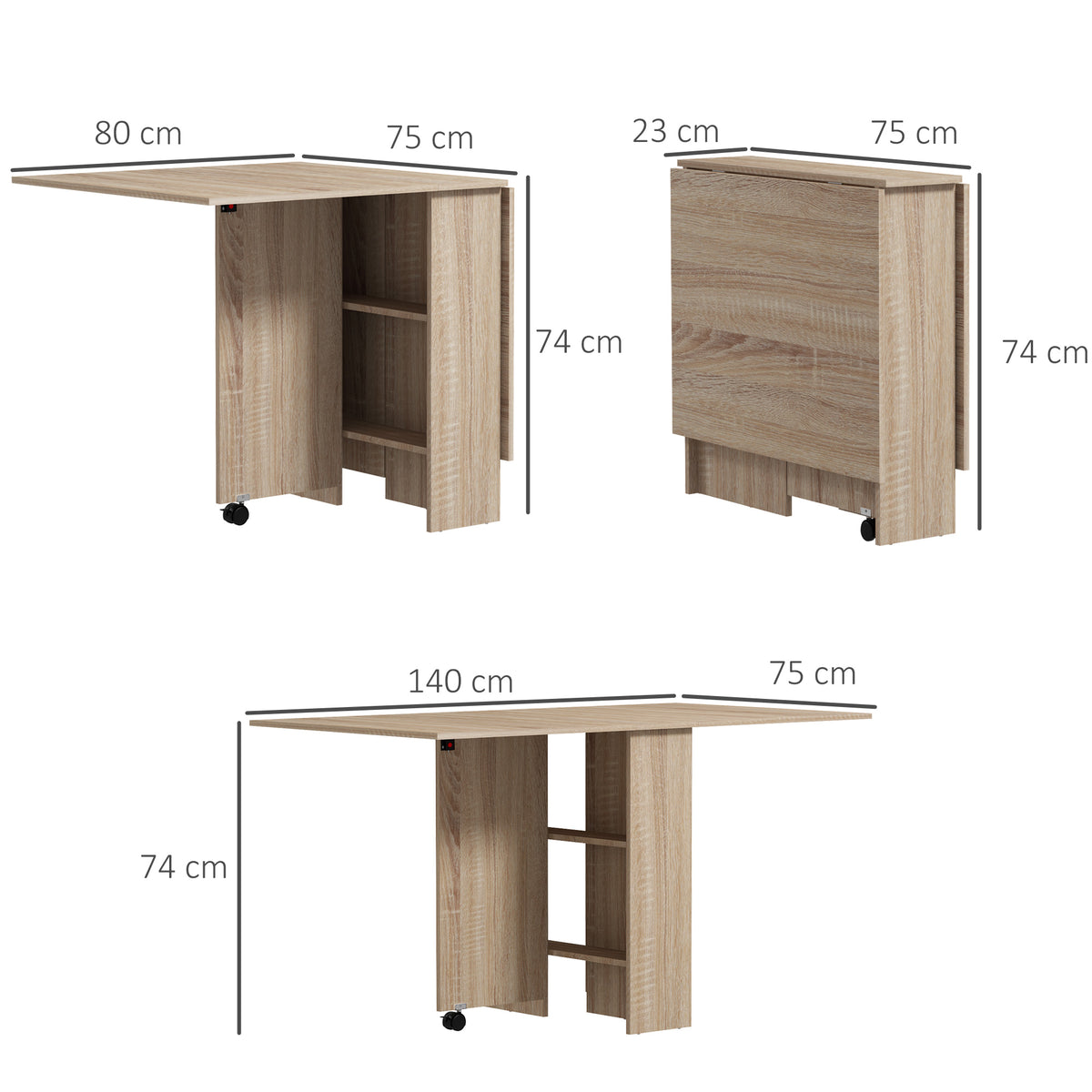 Mesa de Jantar Dobrável com Rodas e Prateleiras 140 cm