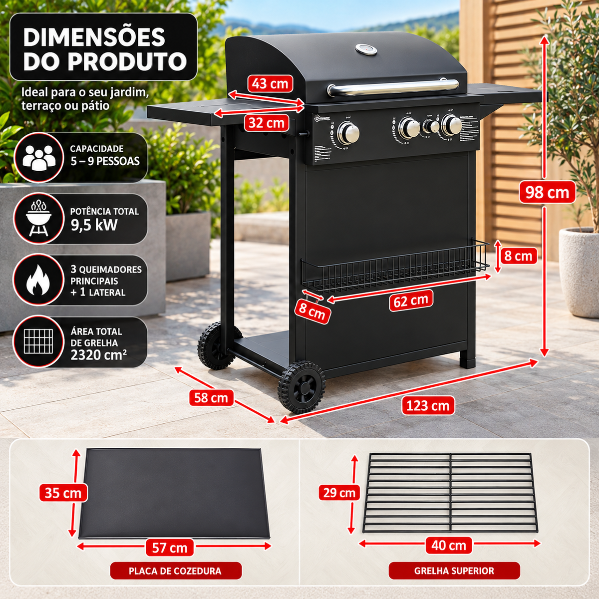 Grelhador a Gás 3+1 Queimadores 9,5 kW com Queimador Lateral e Termómetro