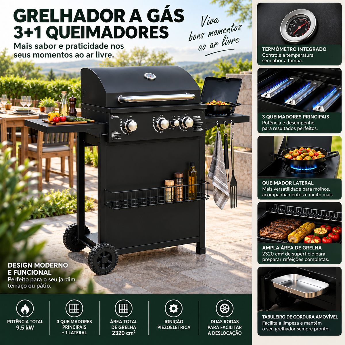 Grelhador a Gás 3+1 Queimadores 9,5 kW com Queimador Lateral e Termómetro