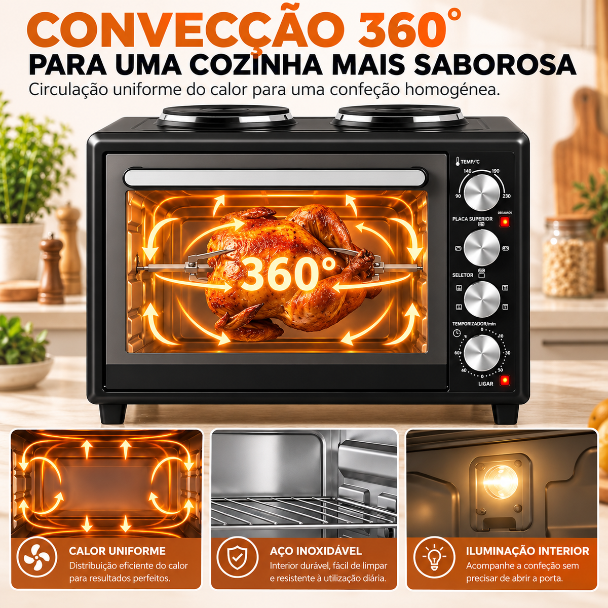 Mini Forno Elétrico 46L 2850W com 2 Placas, Convecção e Espeto Rotativo