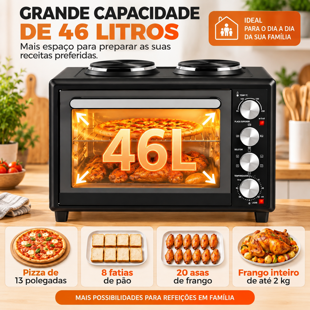 Mini Forno Elétrico 46L 2850W com 2 Placas, Convecção e Espeto Rotativo