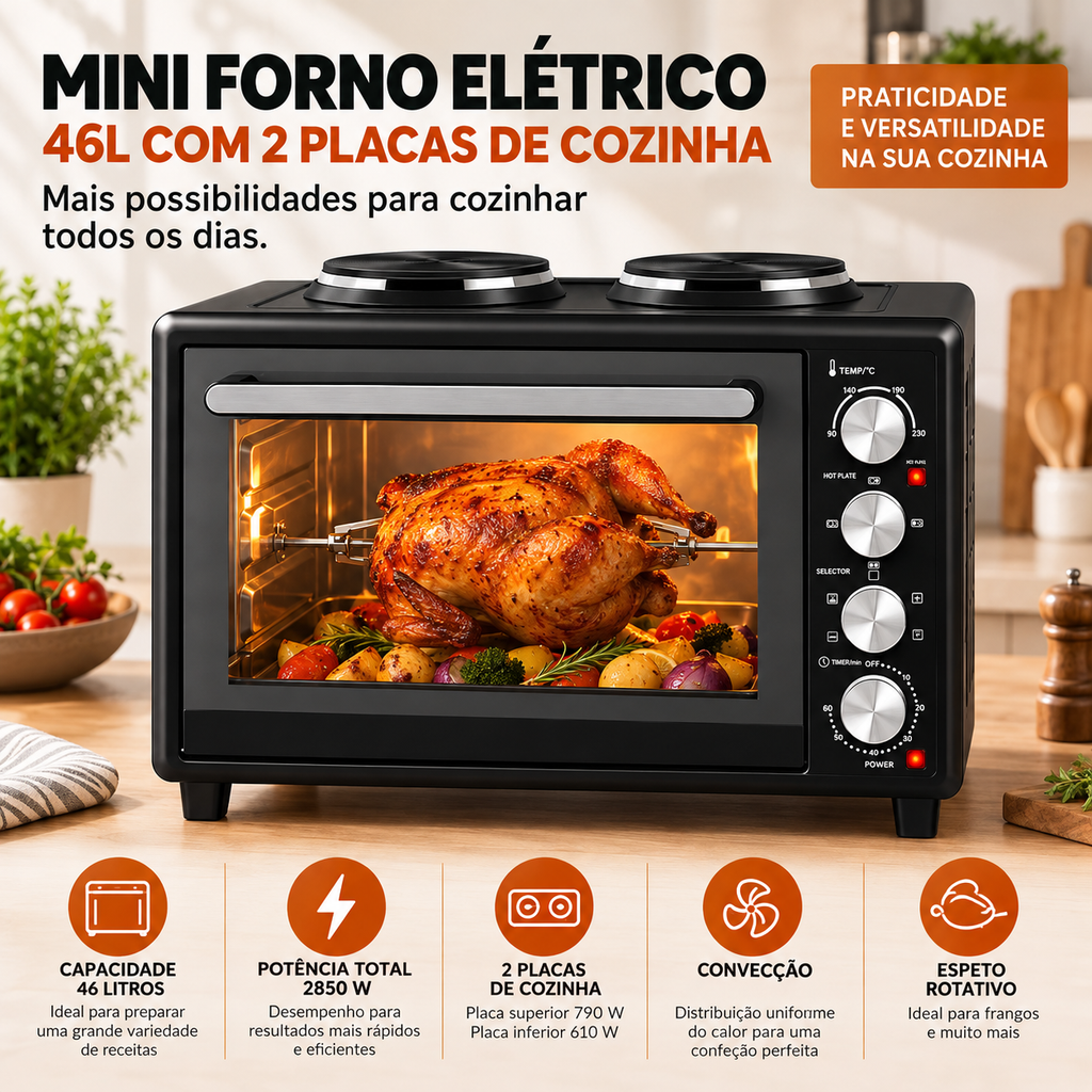 Mini Forno Elétrico 46L 2850W com 2 Placas, Convecção e Espeto Rotativo