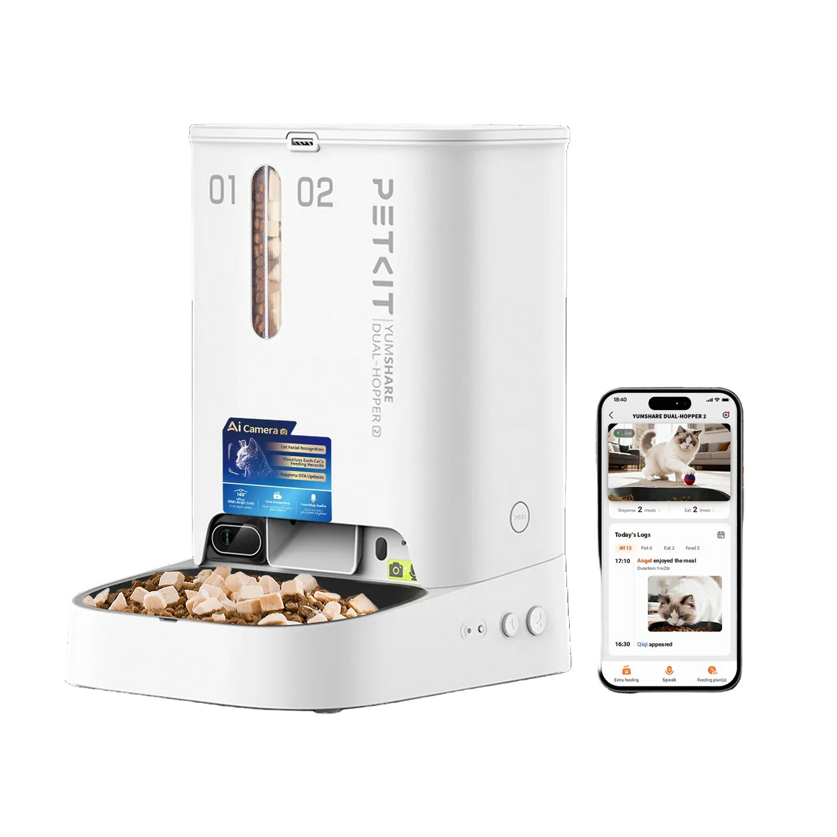 Alimentador Automático PETKIT YumShare Dual-Hopper 2 com Câmara IA – 5L