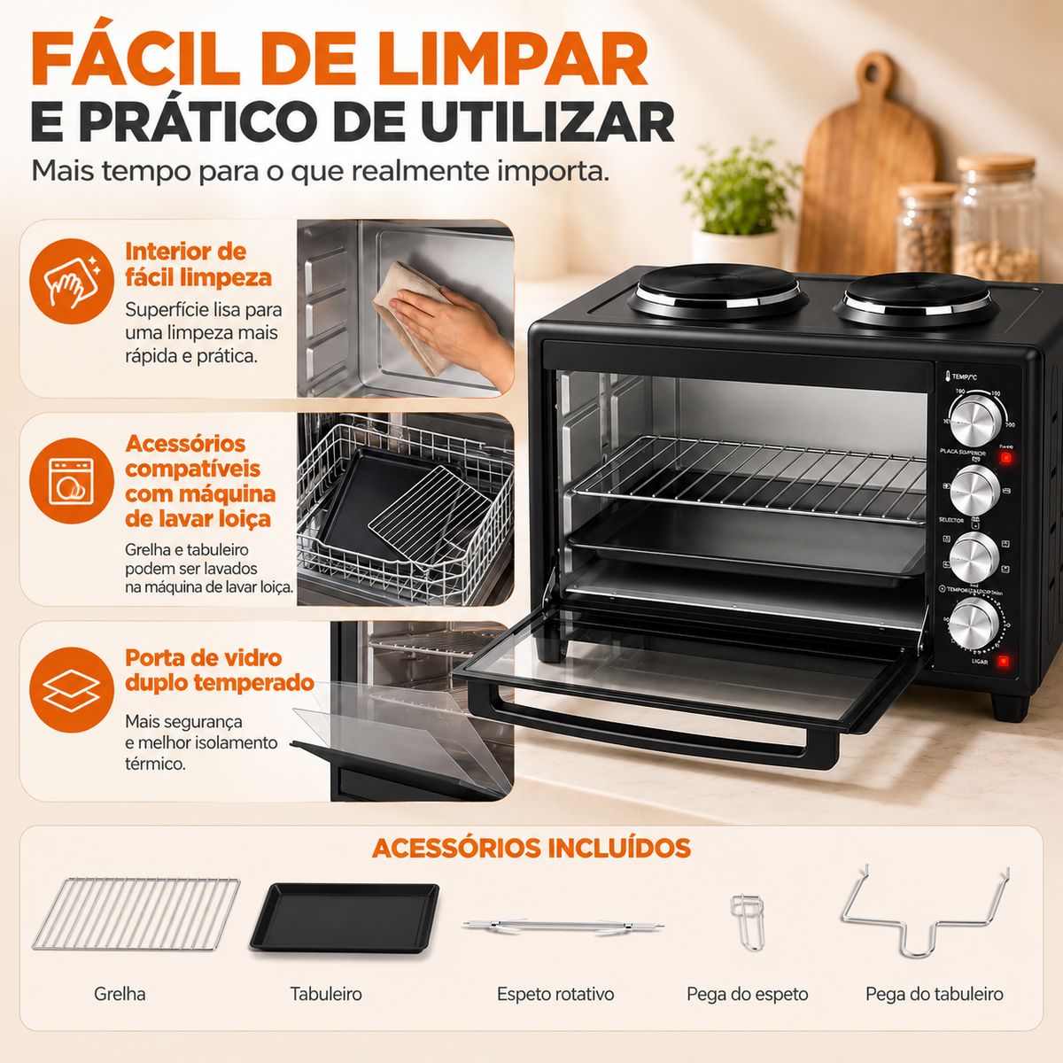 Mini Forno Elétrico 46L 2850W com 2 Placas, Convecção e Espeto Rotativo