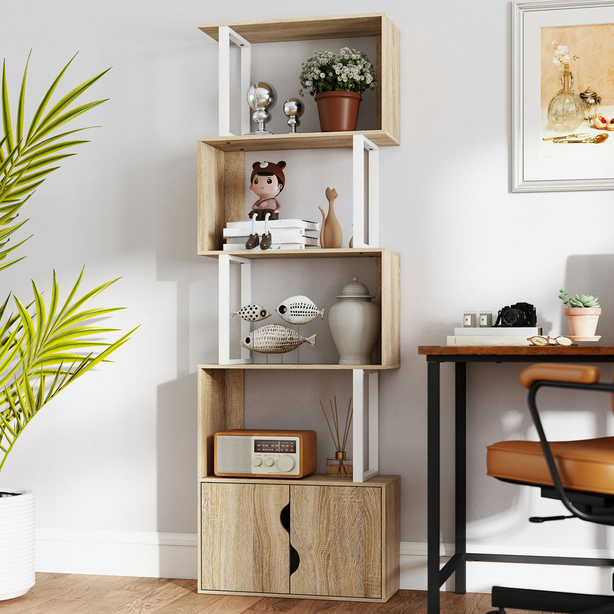 Estante 5 Níveis com Armário de 2 Portas – Madeira Natural