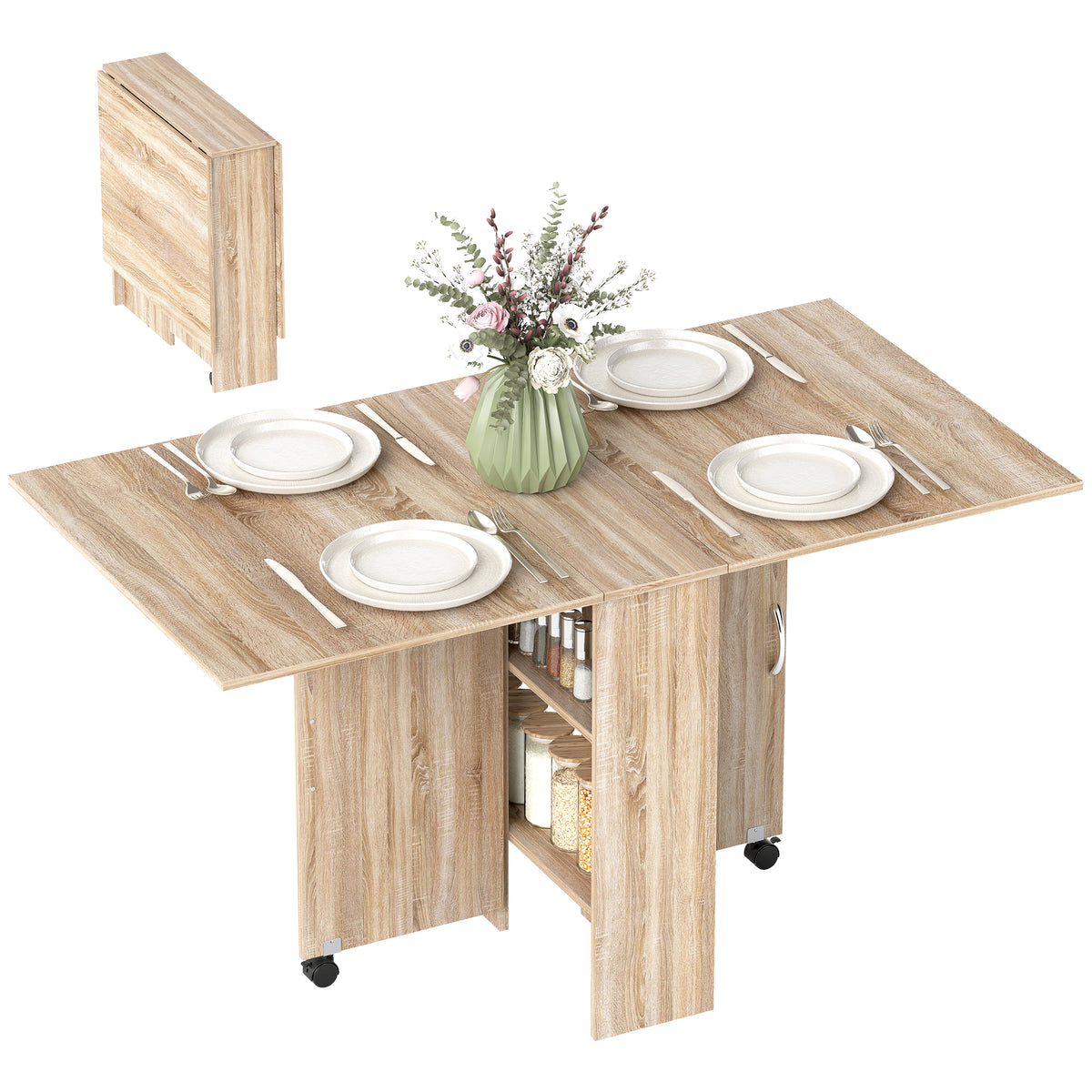 Mesa de Jantar Dobrável com Rodas e Prateleiras 140 cm